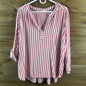 Jane & Delancey Womens Shirt Long Sleeve Button Up Button Back Striped Red 1X